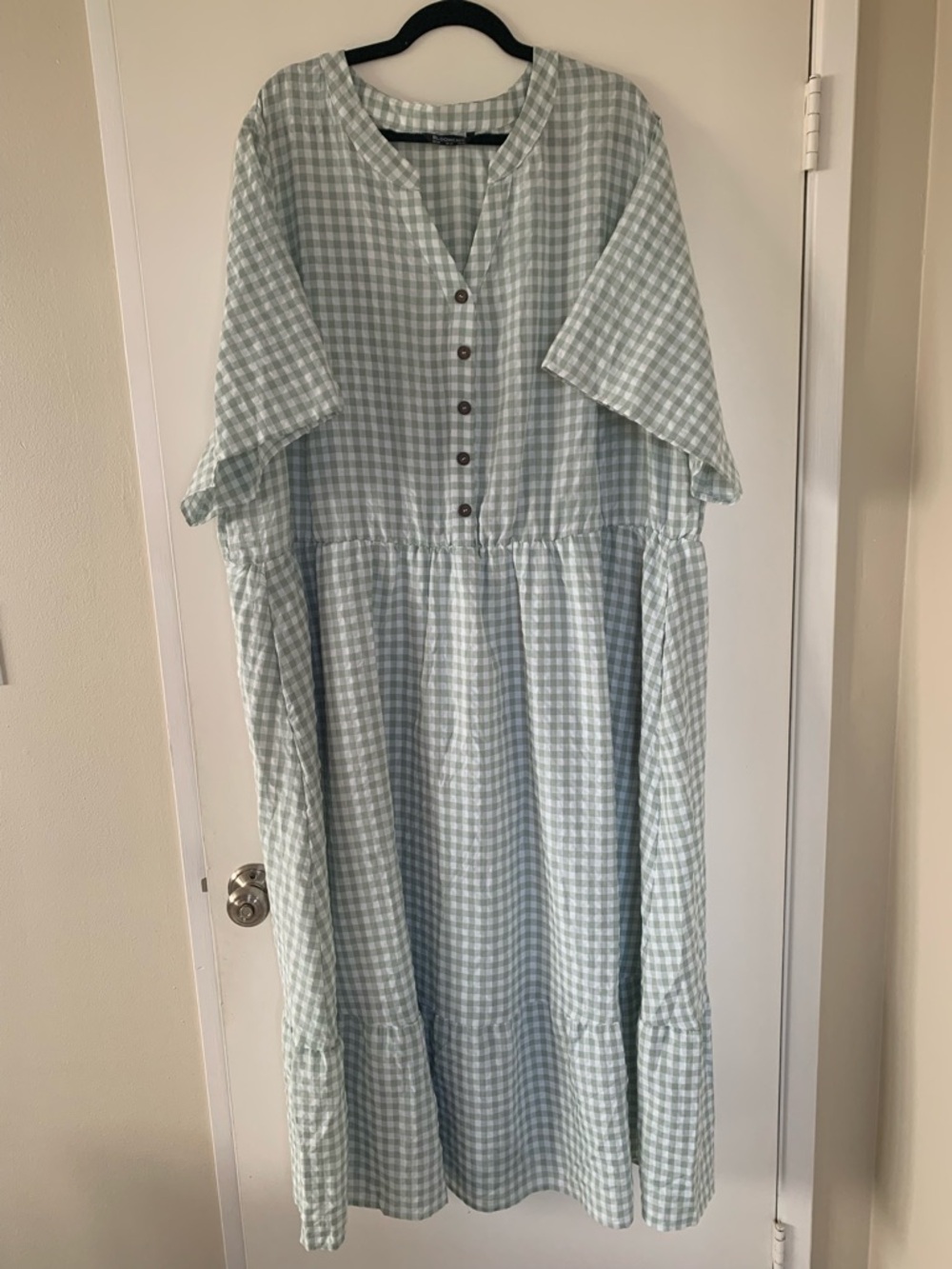 Bloomchic Gingham Dress Plus Size 30/6x Green White V-Neck Button Short Sleeves